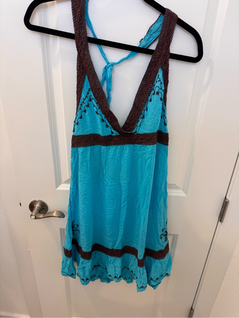 blue island Turquoise Halter Mini Dress with Brown Trim